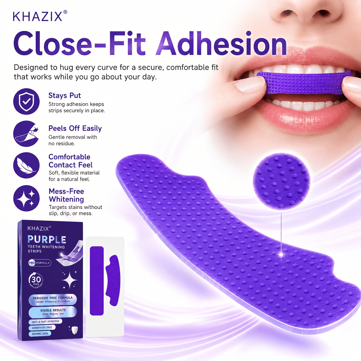 1/10쌍의 보라색 치아 미백 스트립, 치아에 밀착력이 - Teeth Whitening Street 리뷰 및 가격